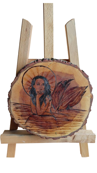 Decorative wooden wheel "Sunshine mermaid" on a polished plum wheel.